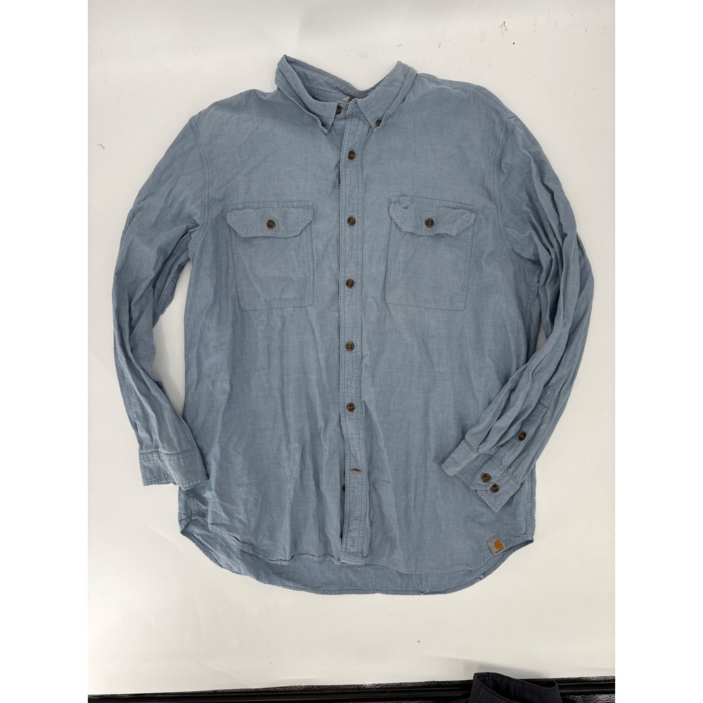 Carhartt Mens XL Blue Chambray Long Sleeve Button Down Work Shirt Dual Pockets - Picture 2 of 6